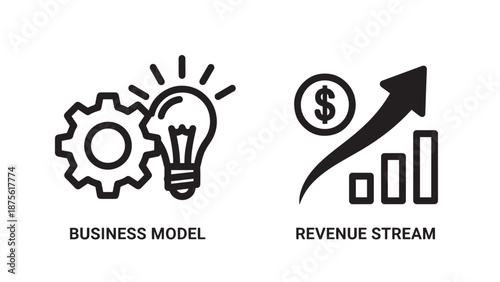 Business Model Innovation and Revenue Stream Growth Strategy Outline Icons for Financial Success and Planning
