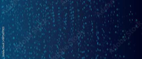 Binary code rain background in blue. Abstract matrix effect with flowing numbers 0 and 1. Futuristic tech, data stream, cyber security, computer software and digital system design.