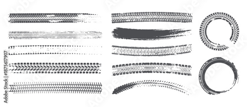 Tire tread patterns, wheel tracks, skidding, braking. Tire tracks - car racing, motocross, drag racing, rally, drift, off-road. Vector monochrome splashes grunge texture. Vector set of wheel treads
