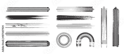 Tire tread patterns, wheel tracks, skidding, braking. Tire tracks - car racing, motocross, drag racing, rally, drift, off-road. Vector monochrome splashes grunge texture. Vector set of wheel treads
