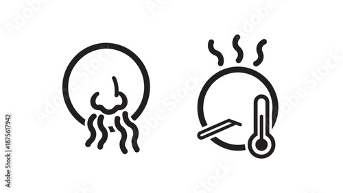 Human Senses and Health Symptoms Icons showing Nasal Smell Detection and High Body Fever Temperature