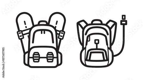Modern Travel and Commuter Backpack Icons featuring Outdoor Hiking Gear and Integrated USB Charging Port