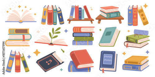 Cartoon books and school textbooks with bookmark, reading literature concept, stacked and open and stack book, library and bookshelf elements, study and education design. Vector isolated set