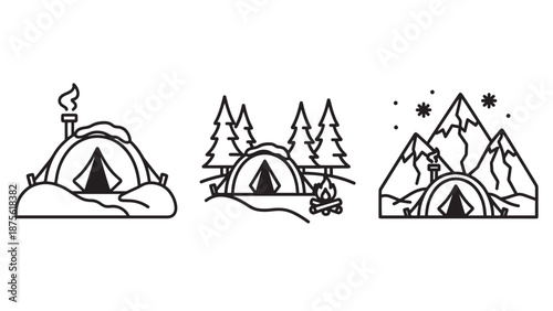 Winter camping outdoor recreation icons featuring tents in snow forest and mountepsn settings