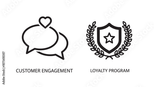 Marketing icons for customer engagement speech bubbles and loyalty program reward shield