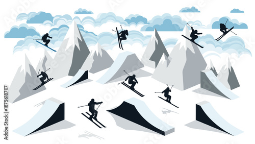 Dynamic winter sports figures: skiers performing tricks in snowy mountain landscape