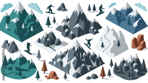 Dynamic snowboarders in scenic mountain landscape with winter sports elements