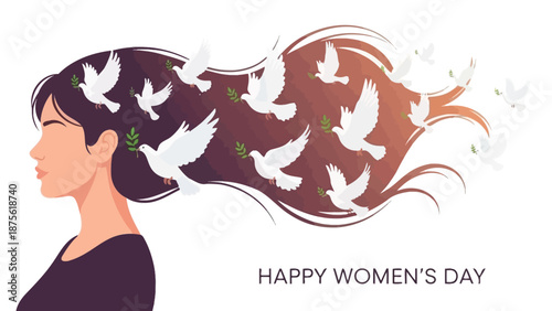 Woman with flowing hair and white doves celebrating happy women's day