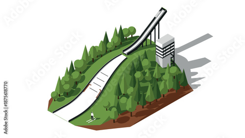 Isometric ski jump with green forest and modern building