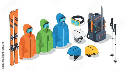 Winter sports equipment collection in isometric style featuring skiing and snowboarding gear
