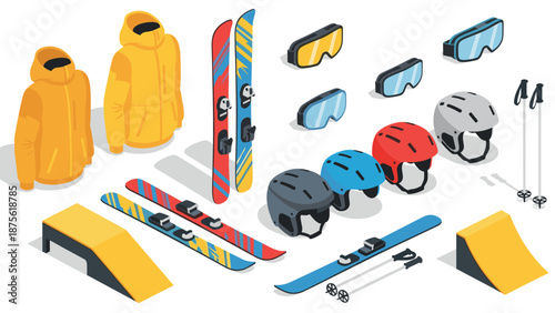 Isometric winter sports gear collection with snowboards and accessories