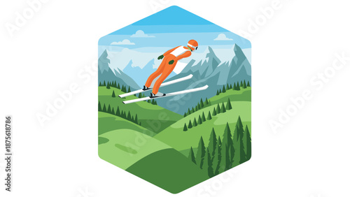 Winter sports enthusiast ski jumping high in mountain landscape hexagon design