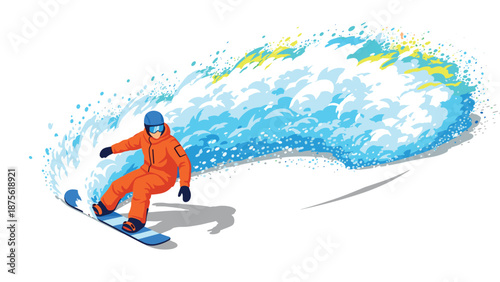 Snowboarder in dynamic motion with colorful snow spray