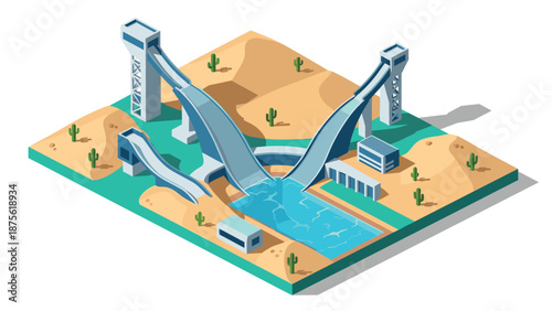 Isometric industrial water facility in desert landscape with modern architecture