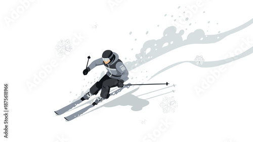 Dynamic flat style skiing scene with snowflakes and trail motion