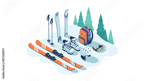 Winter sports equipment with skis, boots, poles, goggles, and backpack in simple isometric style