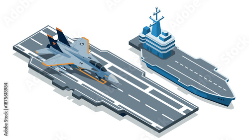 Isometric aircraft carrier and fighter jet on runway - military aviation concept