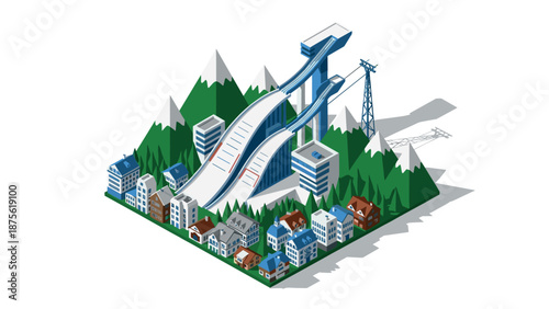 Isometric ski jump arena in mountainous village with houses and pine trees