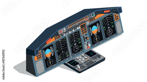 Isometric airplane cockpit dashboard with modern display panels