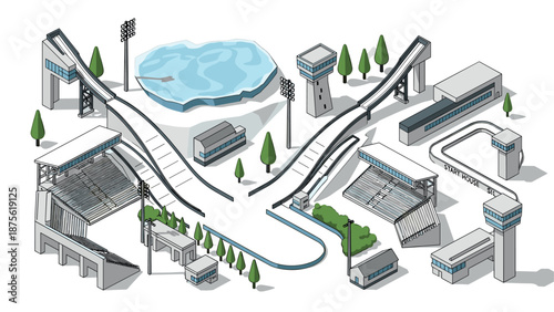 Winter sports facilities in isometric style with ski jumps and arena