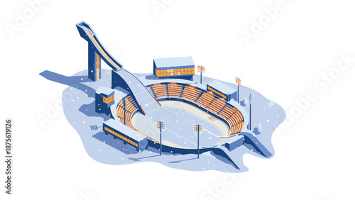 Snowy isometric winter sports stadium with ski jump and seating