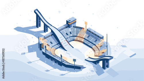 Winter sports arena in snowy isometric style with grandstands and ski ramp