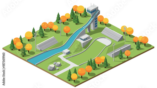 Isometric autumn sports park with trees and modern architecture landscape