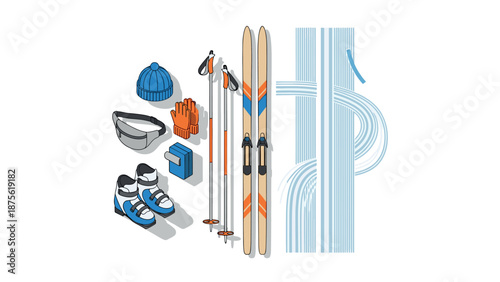 Isometric winter sports set: cross-country ski equipment and accessories