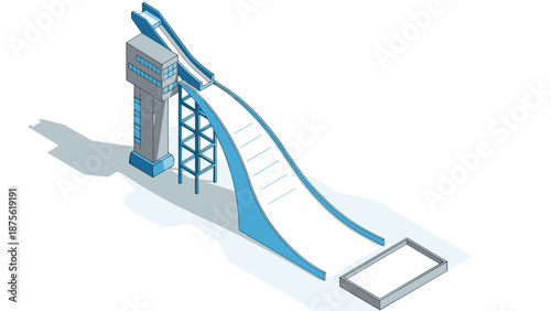 Isometric winter sports ramp with ski jump and pool in blue tones