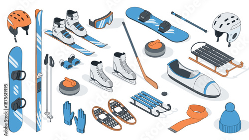 Winter sports equipment collection: skis, snowboards, helmets, and more in modern isometric style