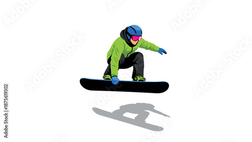 Snowboarder performing jump in vibrant winter gear against white background