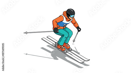 Alpine skier in action wearing orange jacket and helmet on white background