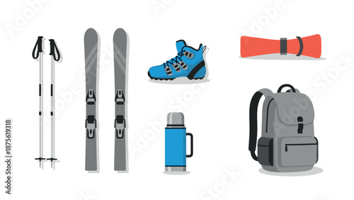 Essential winter sports gear set featuring ski equipment and backpack in flat design