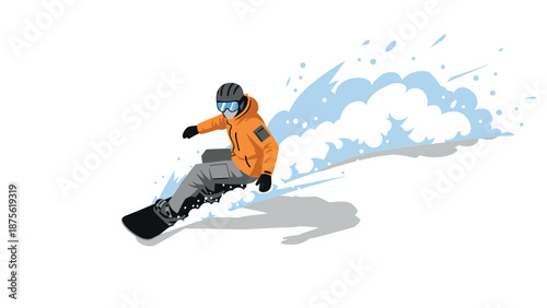 Snowboarder carving through fresh powder in action-packed flat design