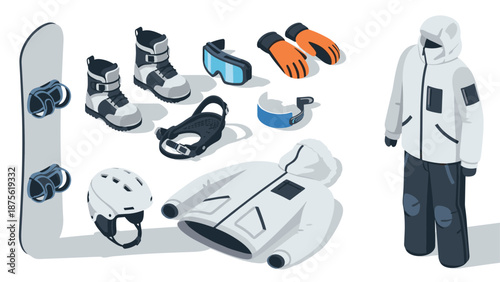 Winter sports gear collection: snowboarding essentials and clothing in isometric design