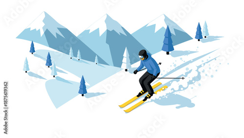 Winter mountain adventure: skiing down snowy slopes in scenic alpine landscape