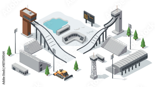 Winter sports arena with ski jumping ramps in isometric perspective
