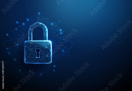 3d blue padlock with microchip circuit lines Hardware security, data protection, cybersecurity, encryption, secure access, digital infrastructure concept.
