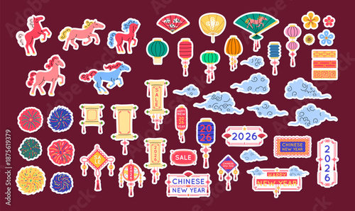 Cartoon Color Chinese New Year Red Fiery Horse Concept Sticker Set Include of Traditional Cloud, Lantern, Sale Banner and Decorative Flower. Vector illustration