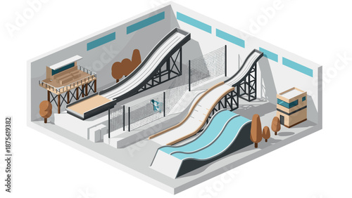 Isometric indoor adventure park with ramps and platforms for extreme sports enthusiasts