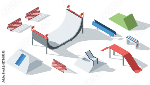 Isometric skate park elements with ramps and rails