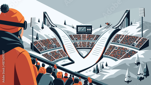 Winter ski jumping competition in snowy mountain arena