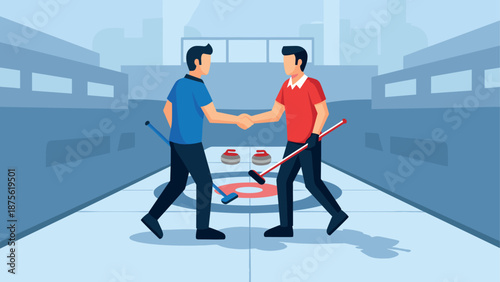 Two curling players shaking hands on ice rink with stones