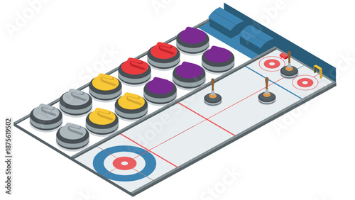 Isometric curling rink scene with stones and brooms on ice