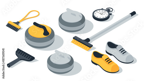 Curling sport equipment isometric set with stones, shoes, and stopwatch
