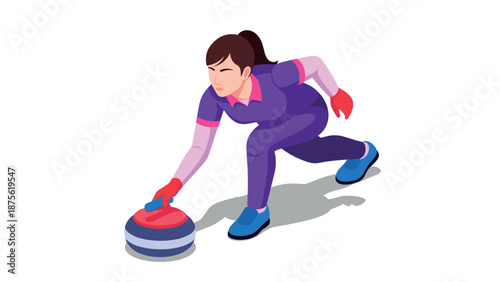 Female athlete engaged in curling sport in isometric style