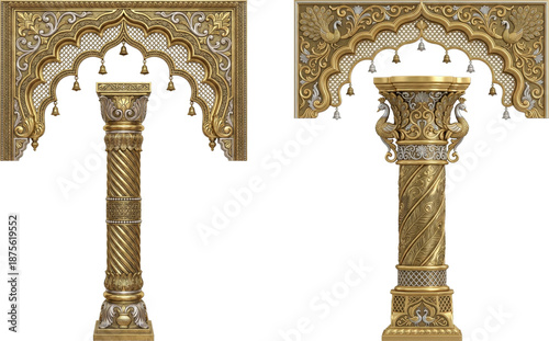 Traditional Indian Royal Gold and Silver Pillars with Intricate Scalloped Archway for Grand Wedding Mandap and Event Backdrops.