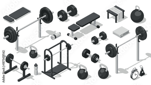 Isometric gym equipment set with barbells, dumbbells, and kettlebells for fitness design