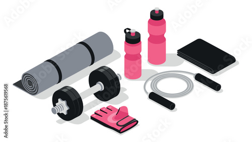 Gym equipment essentials in isometric design for fitness and exercise enthusiasts