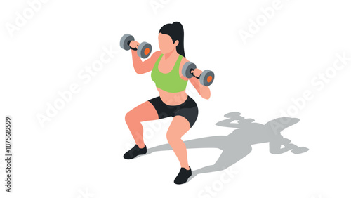 Isometric fitness woman lifting dumbbells in squat pose on white background
